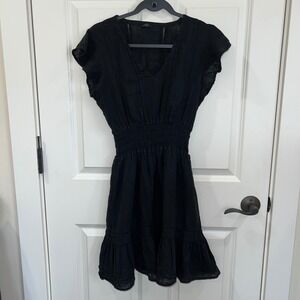 Rails Tara V-Neck Short Sleeve Black Mini Dress Lace Detail Linen/Rayon Small